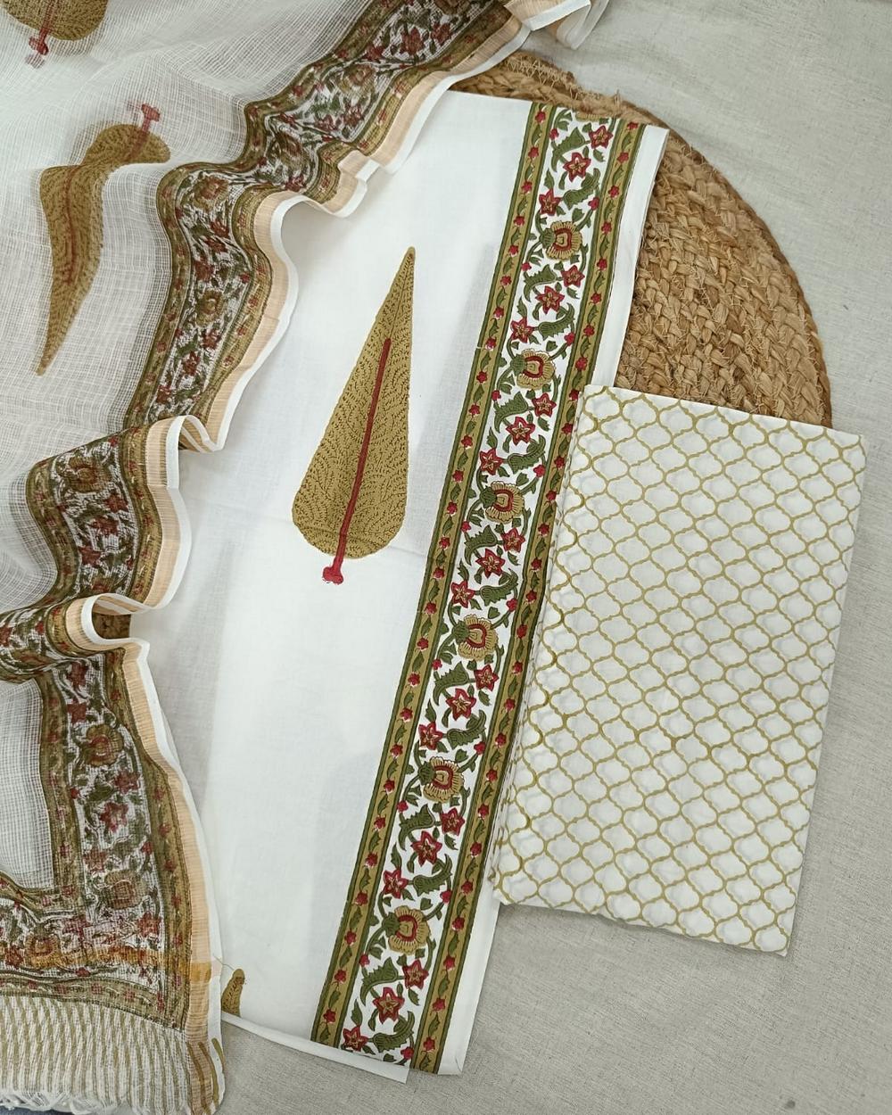 Sanganeri Block Printed Kota Doria Dupatta Suit Set