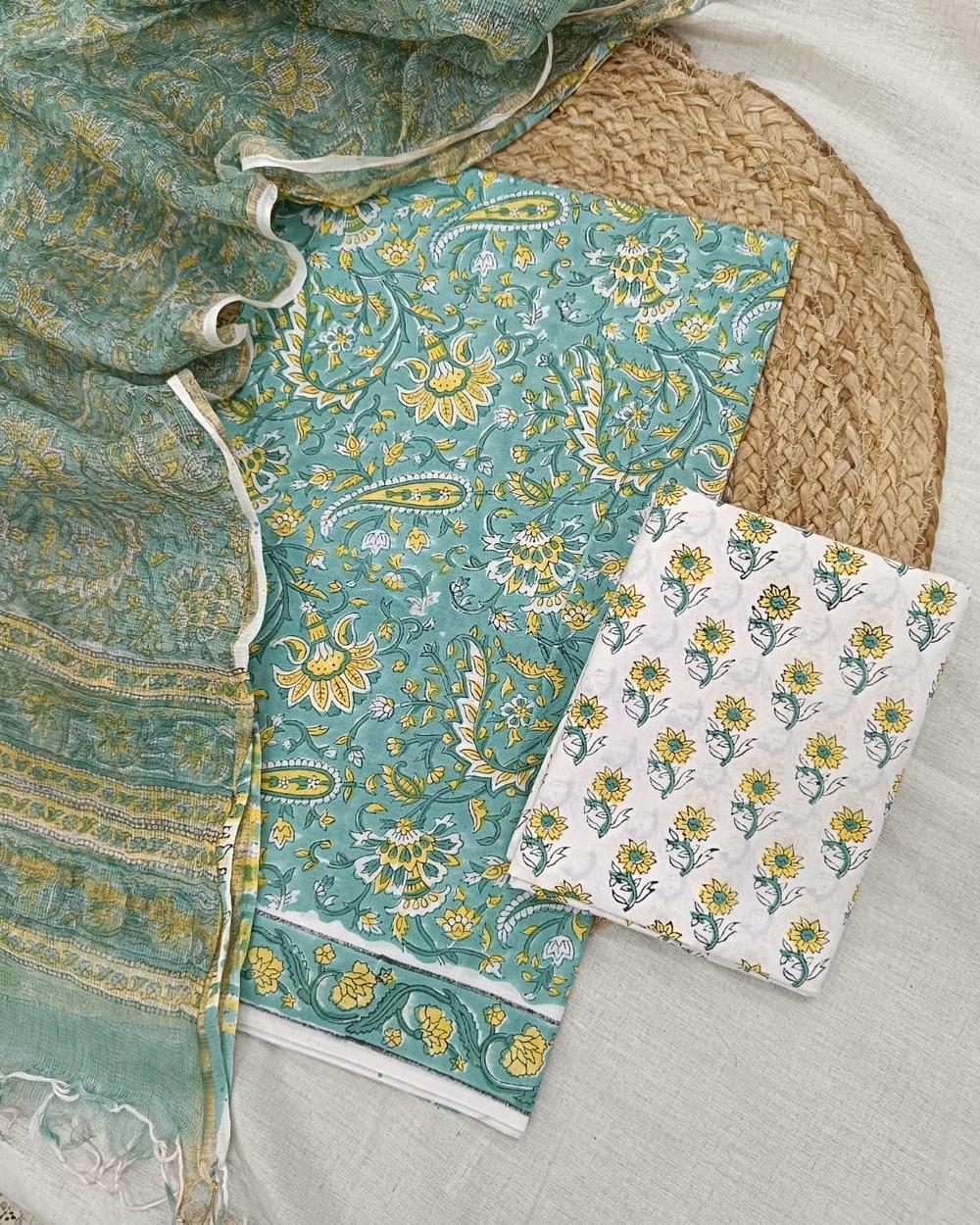 Sanganeri Block Printed Kota Doria Dupatta Suit Set