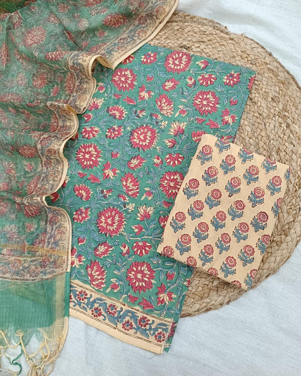 Sanganeri Block Printed Kota Doria Dupatta Suit Set