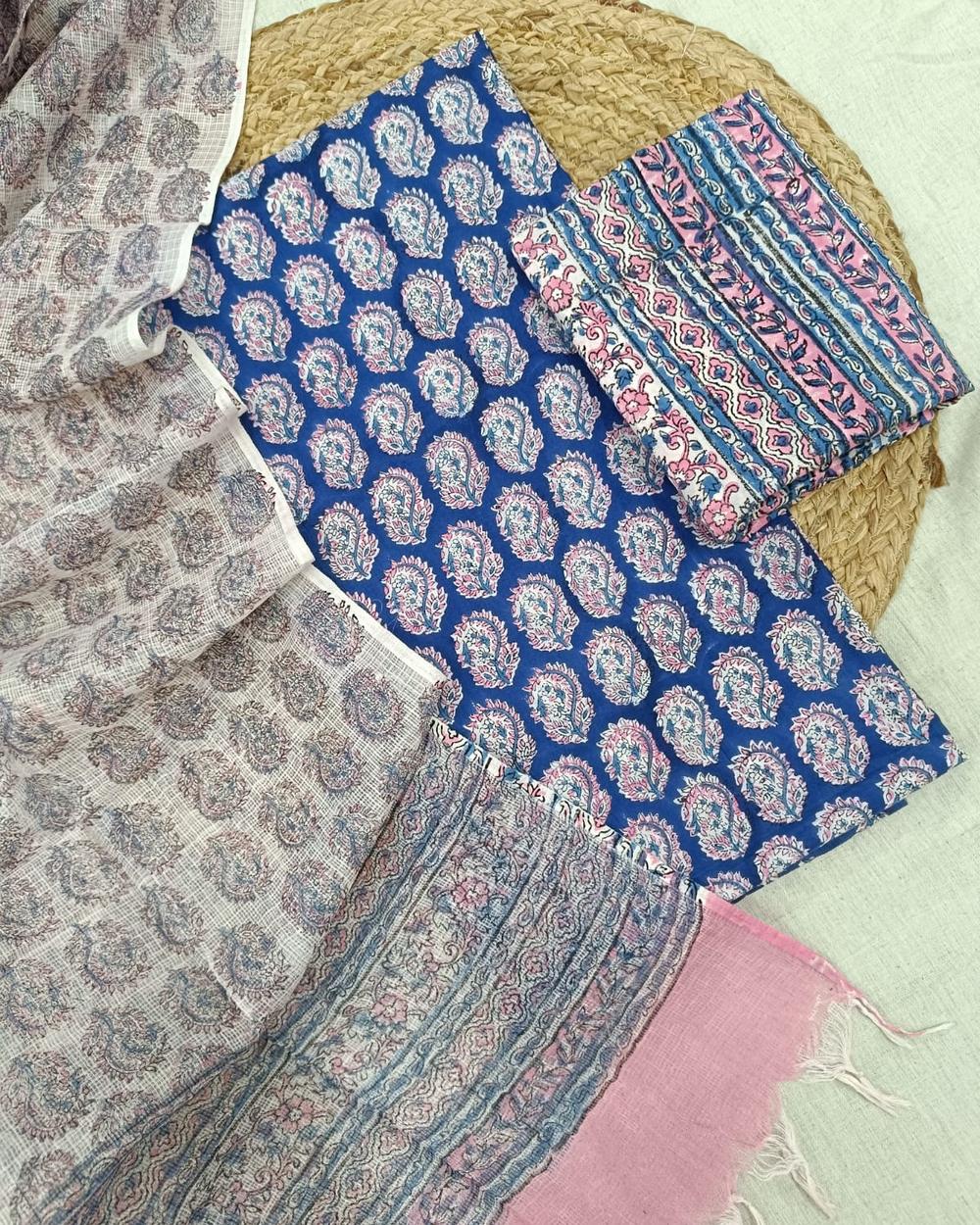 Sanganeri Block Printed Kota Doria Dupatta Suit Set