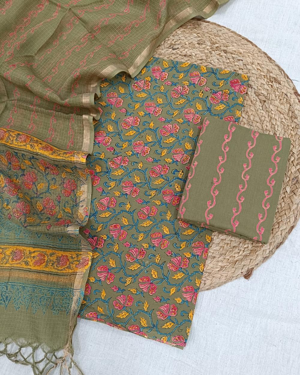 Sanganeri Block Printed Kota Doria Dupatta Suit Set