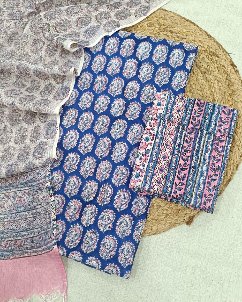 Sanganeri Block Printed Kota Doria Dupatta Suit Set