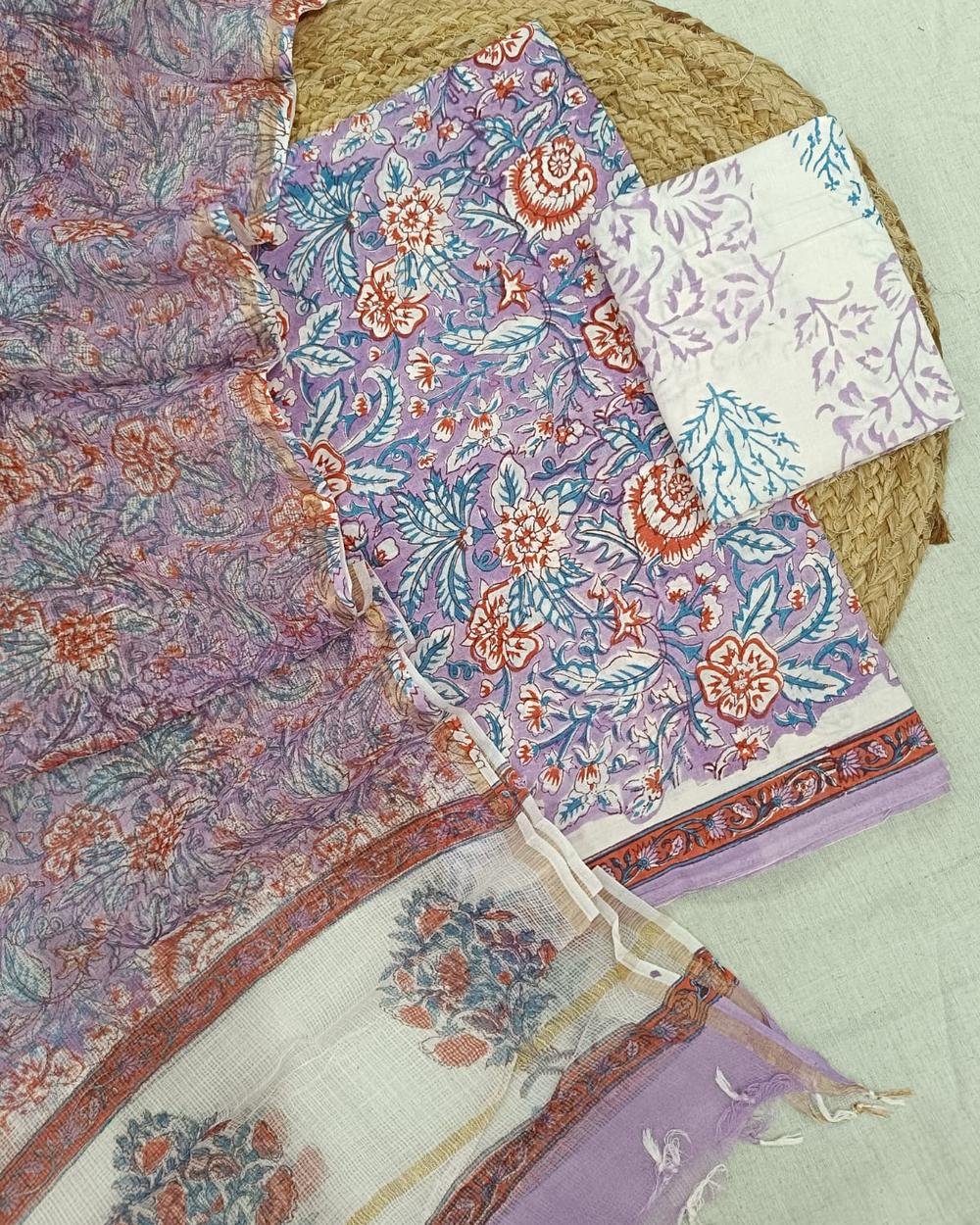 Sanganeri Block Printed Kota Doria Dupatta Suit Set