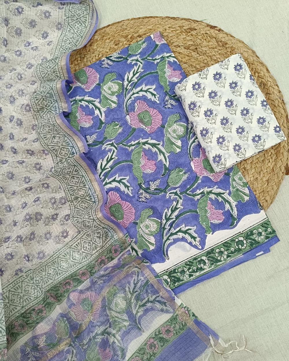Sanganeri Block Printed Kota Doria Dupatta Suit Set